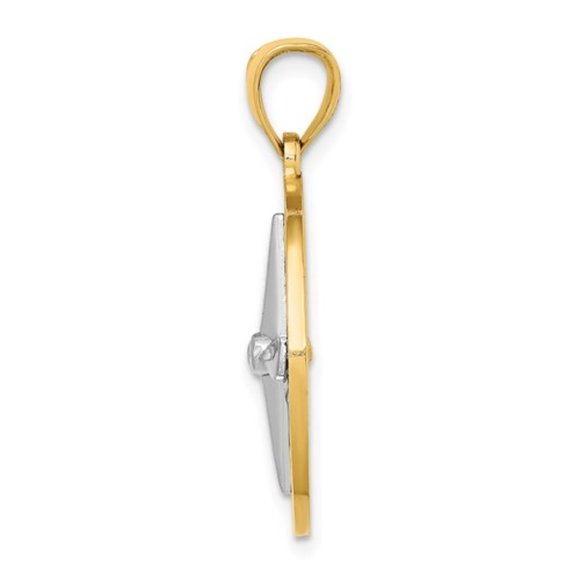 14k Yellow Gold Nautical Compass w/ White Rhodium Needle Necklace Charm Pendant - Picture 2 of 3